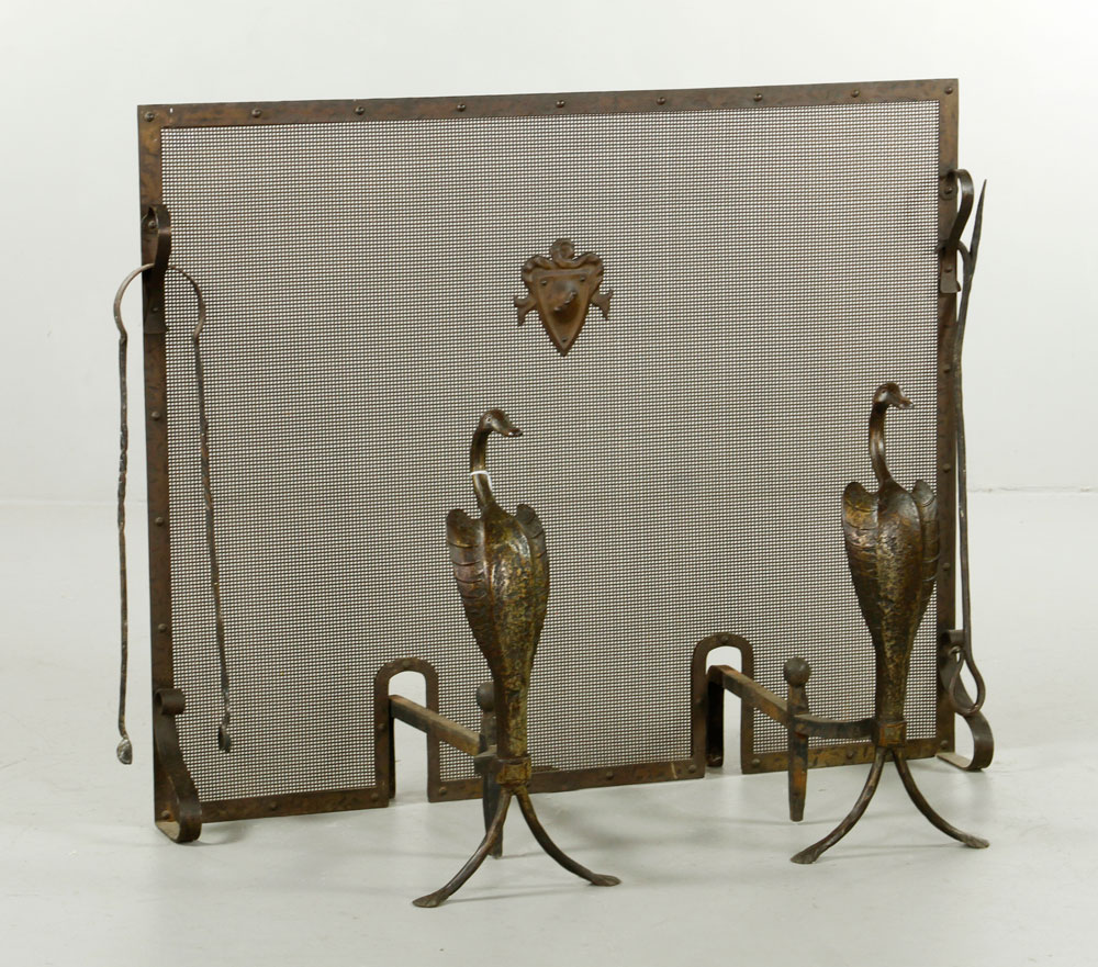 Appraisal: - Pr Hand Wrought Brass Andirons and Fire Screen Pair