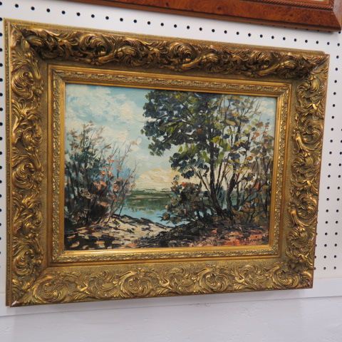 Appraisal: C Ricciardi oil landscape with lake on artist board image