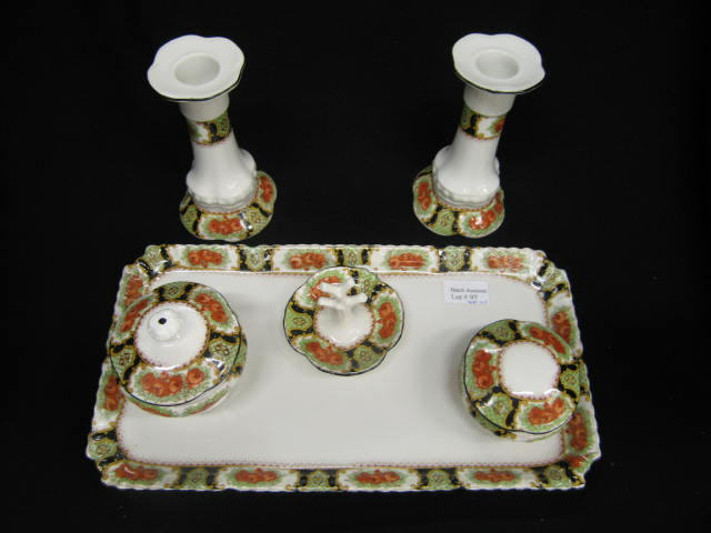 Appraisal: Czechoslovakian Porcelain Dresser Set tray powder boxes ring tree candlesticks