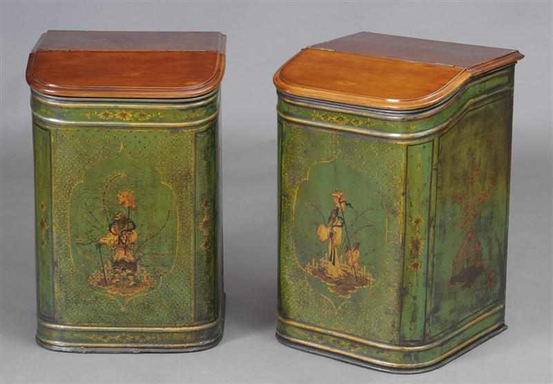 Appraisal: PAIR OF ENGLISH GREEN T LE PEINTE CHINOISERIE TEA CANISTERS