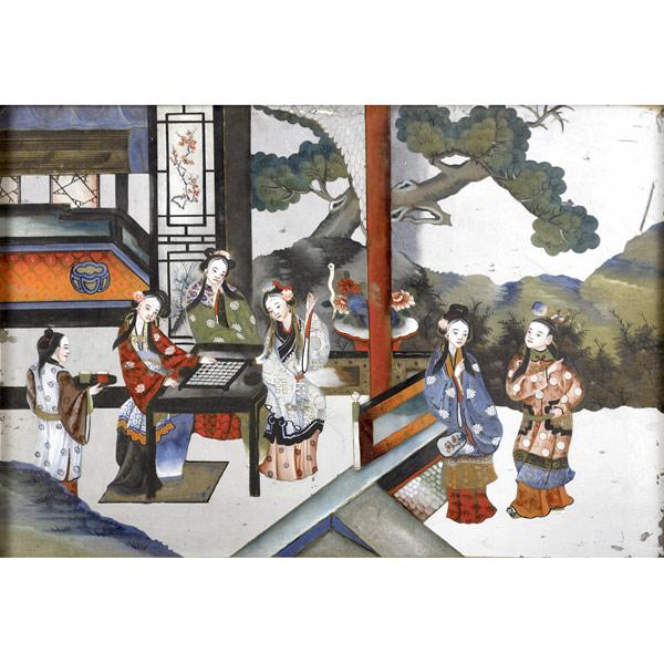 Appraisal: CHINESE EXPORT PAINTING Domestic scene with figures oil on mirror