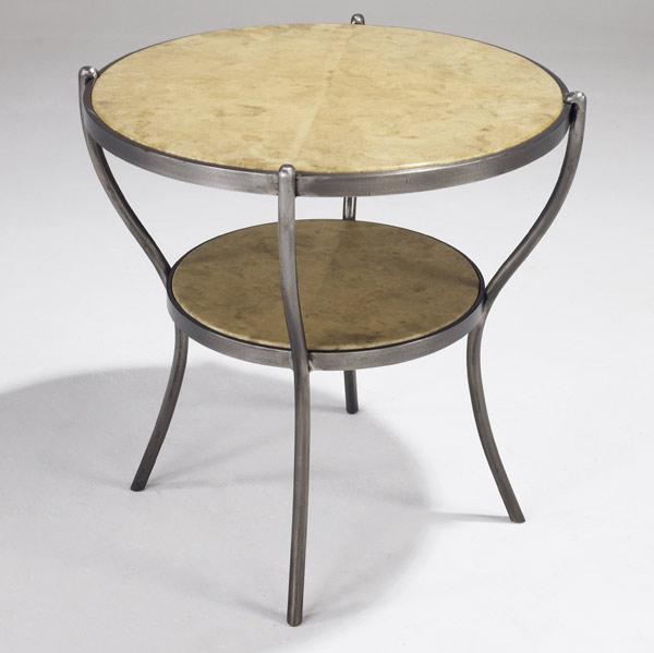 Appraisal: MODERN Iron and lacquered parchment two-tier lamp table x dia