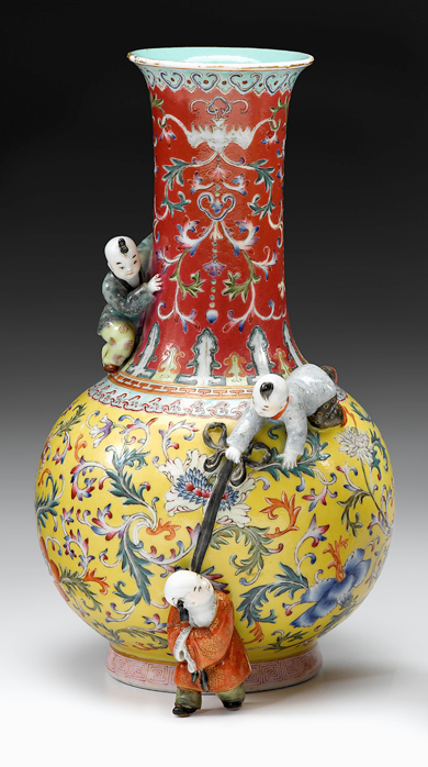 Appraisal: Fine Chinese famille rose 'three boy' vase red qianlong mark