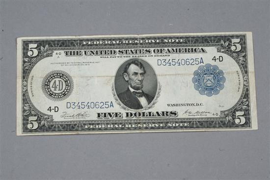 Appraisal: SERIES FIVE DOLLAR BILL Drawn on the Federal Reserve Bank