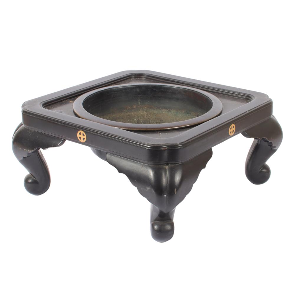 Appraisal: JAPANESE BLACK LACQUER EBONIZED CEREMONIAL HIBACHI WITH BRONZE BOWL H