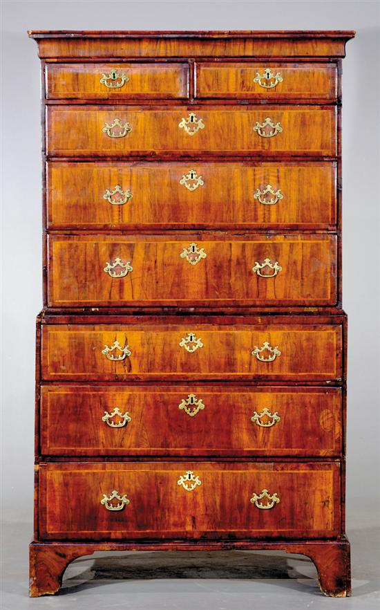 Appraisal: English inlaid walnut chest-on-chest circa molded crown over two short