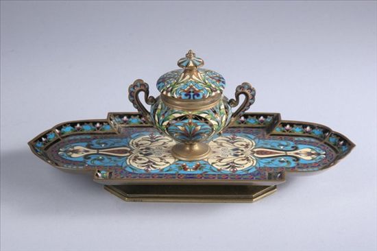 Appraisal: FRENCH CHAMPLEV ENAMEL INKWELL circa The urn-form well and cover