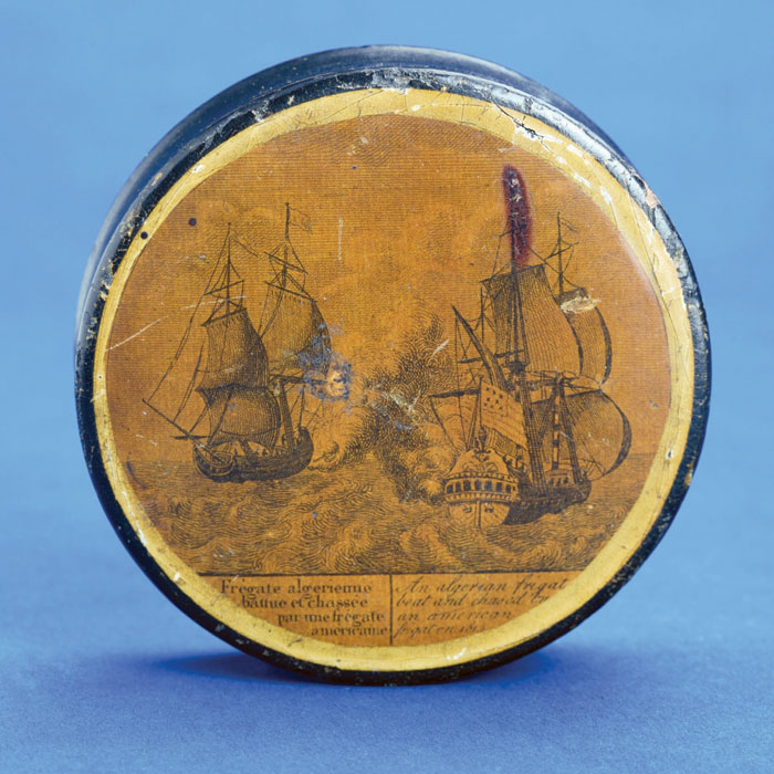 Appraisal: PAPIER MACHE SNUFF BOX WITH ENGRAVING OF A NAVAL ENGAGEMENT