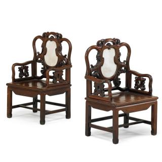 Appraisal: PAIR OF MARBLE INSET CHINESE HONGMU CHAIRS Plank seats China