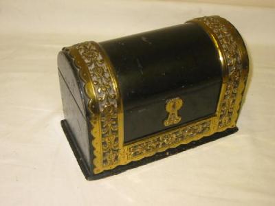 Appraisal: A VICTORIAN LEATHER STATIONERY BOX of domed oblong form brass