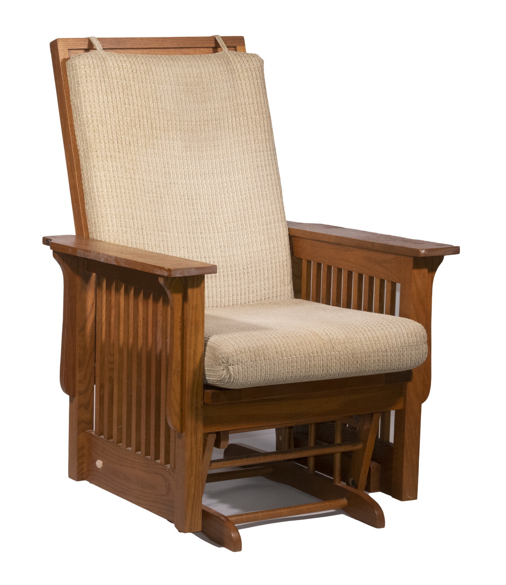 Appraisal: OAK MISSION STYLE GLIDER CHAIR Custom Chair with slatted sides