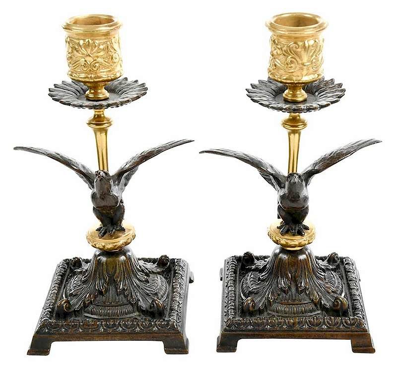 Appraisal: Pair Empire Style Bronze Eagle Candlesticks Continental th century patinated