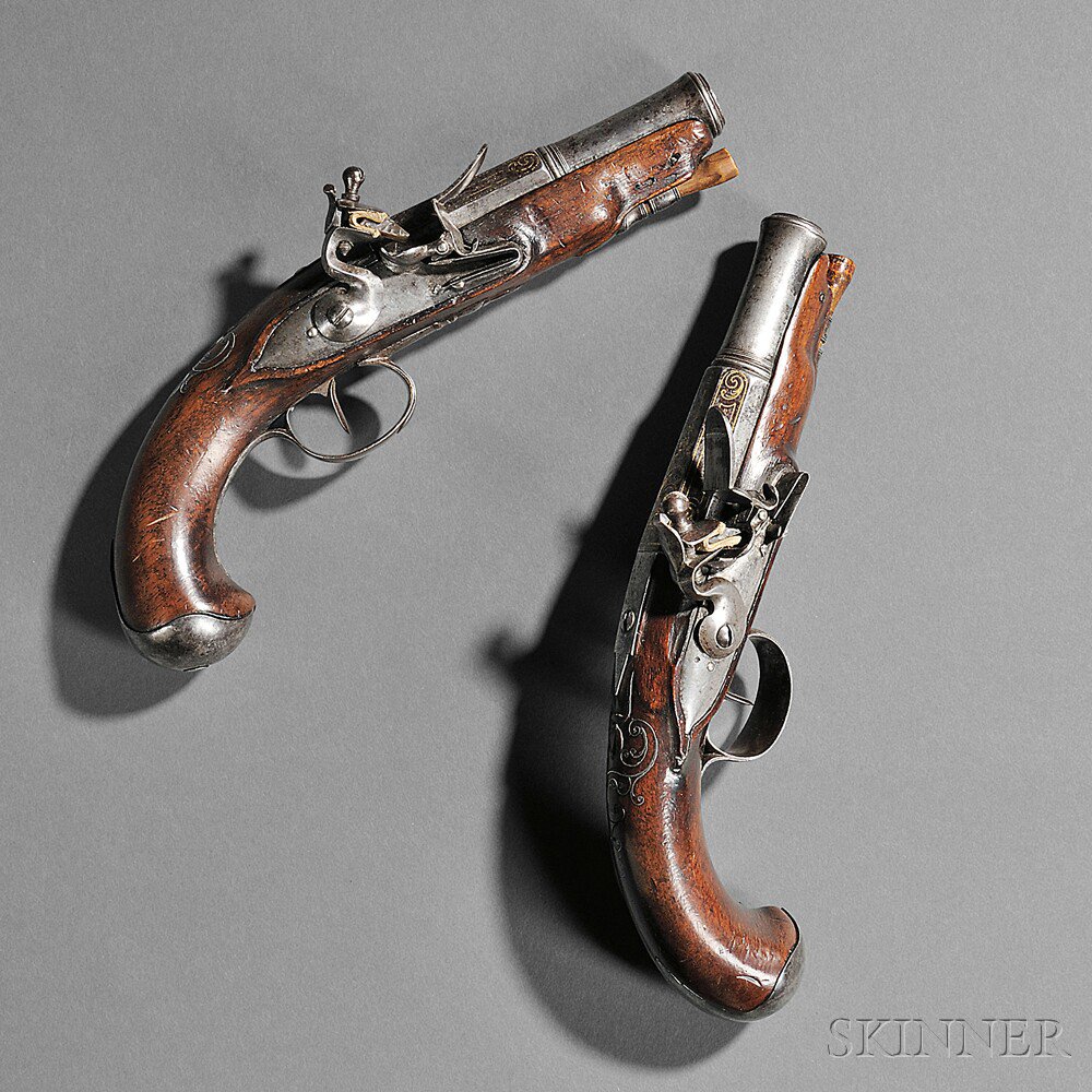 Appraisal: Pair of Continental Flintlock Pistols c late th century walnut