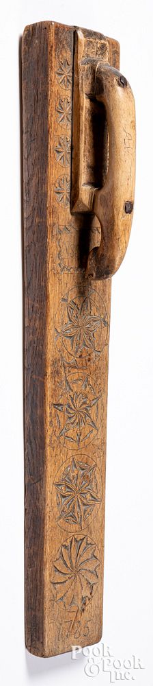 Appraisal: Scandinavian carved oak mangle board dated Scandinavian carved oak mangle