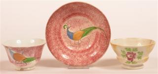 Appraisal: Three Pieces of Spatterware China Red Spatter Peafowl Pattern Cup