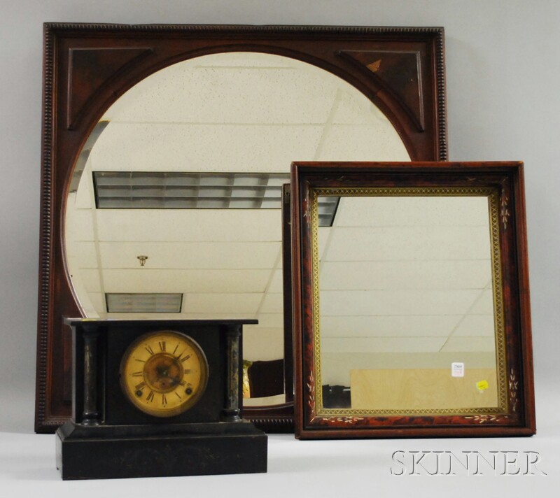 Appraisal: Two Framed Mirrors and a Mantel Clock a round mirror