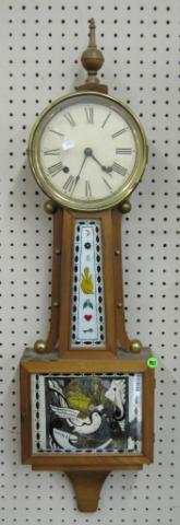 Appraisal: Vintage Banjo Clock with Reverse Painted Glass key wind tin