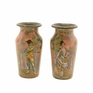 Appraisal: Pair of Miniature Art Nouveau Limoges Enamel Vases with Jesters