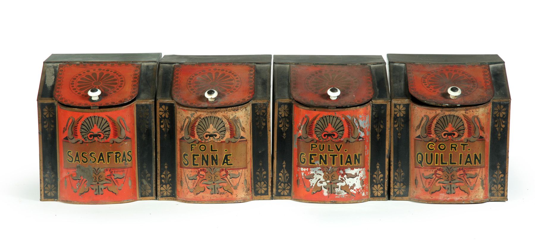 Appraisal: FOUR APOTHECARY STORE TINS American th quarter- th century Slant