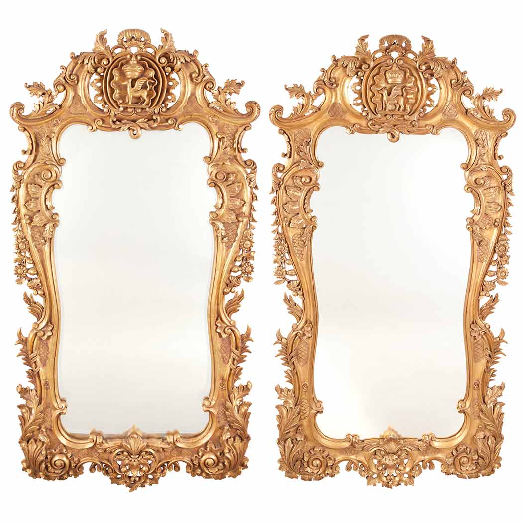 Appraisal: Pair of Louis XV Style Giltwood Mirrors The pierced rocaille