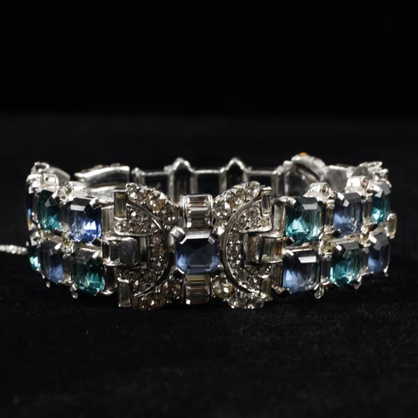 Appraisal: Art Deco Unmarked Rhodium Plated Diamante Bracelet with Blue Green