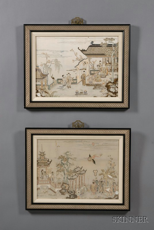 Appraisal: Pair of Embroideries China th century scenes of the Taoist