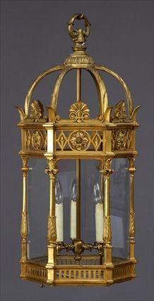 Appraisal: LOUIS XVI-STYLE GILT BRONZE THREE-LIGHT HEXAGONAL HALL LANTERN Fitted with