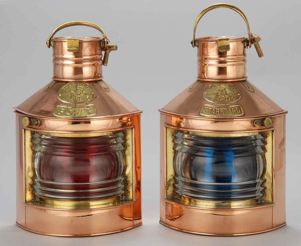 Appraisal: PAIR OF SOLID COPPER PORT AND STARBOARD LANTERNS With brass