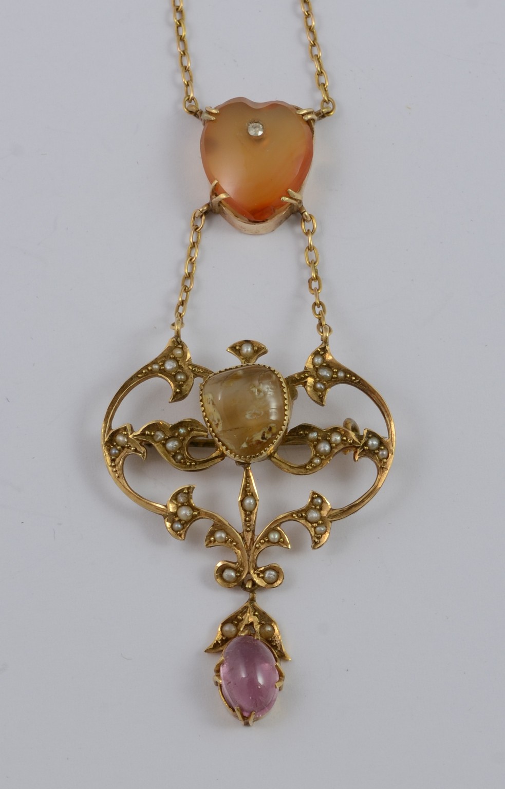 Appraisal: Antique Gold Necklace with a Diamond-Set Heart-Shaped Carved Carnelian suspended