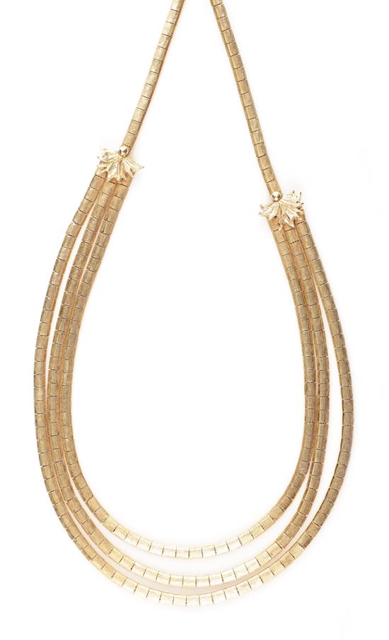 Appraisal: Italian gold necklace triple-strand bib textured link design marked K