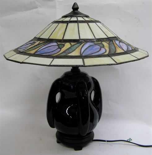 Appraisal: BLUE POTTERY BASED TABLE LAMP fitted with in diameter stained