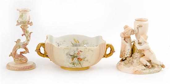 Appraisal: Royal Worcester blush ivory figural vase centerbowl and candlestick circa