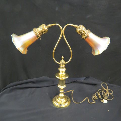 Appraisal: Quezal Art Glass Lamp golden iridescent lily shades brass finish