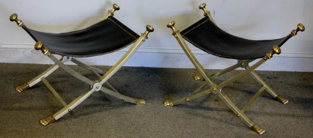 Appraisal: Vintage Pair of Neo-Classical Steel and BrassOttomans Brass paw feet