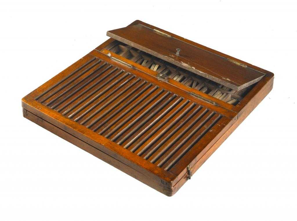 Appraisal: AN UNUSUAL MAHOGANY PRINTING SET FOR THE BLIND with hinged