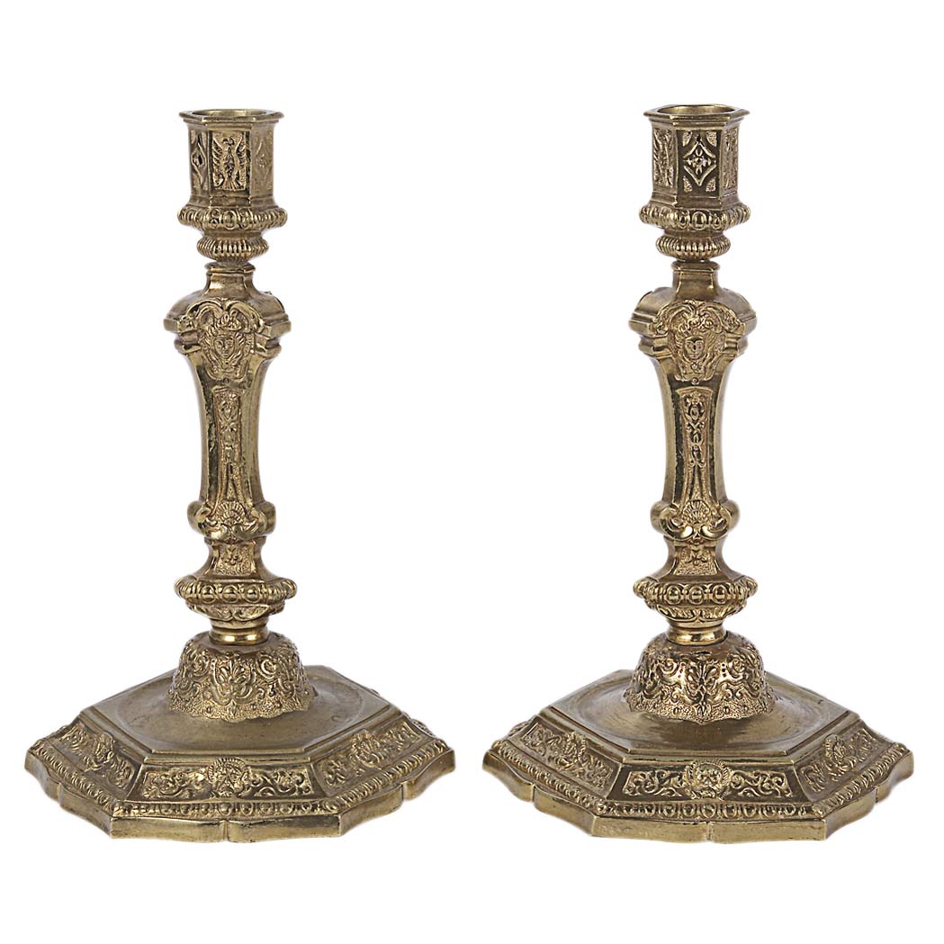 Appraisal: Pair of Regence Gilt-Brass Candlesticks Of triangular baluster form decorated