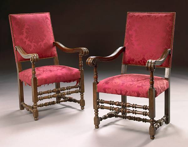 Appraisal: A pair of Italian Baroque style walnut armchairs late th