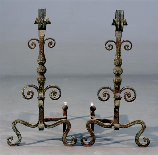 Appraisal: Pair Arts and Crafts wrought-iron andirons scroll form with round