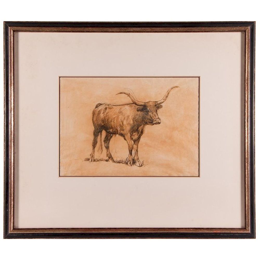 Appraisal: An ink on paper drawing of longhorn steer An early