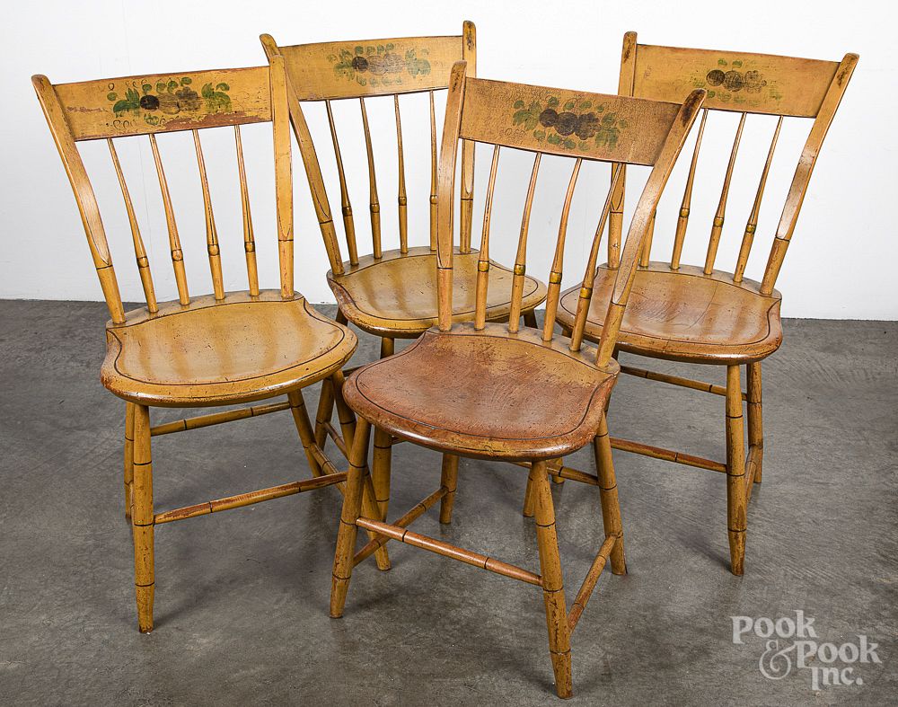 Appraisal: Set of four painted plank seat chairs th c Set