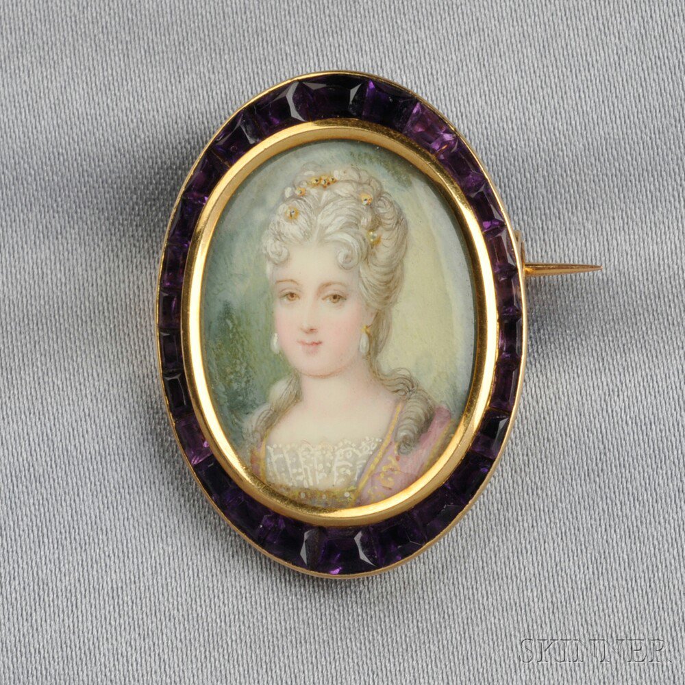 Appraisal: Antique kt Gold Portrait Miniature and Amethyst Pendant Brooch France