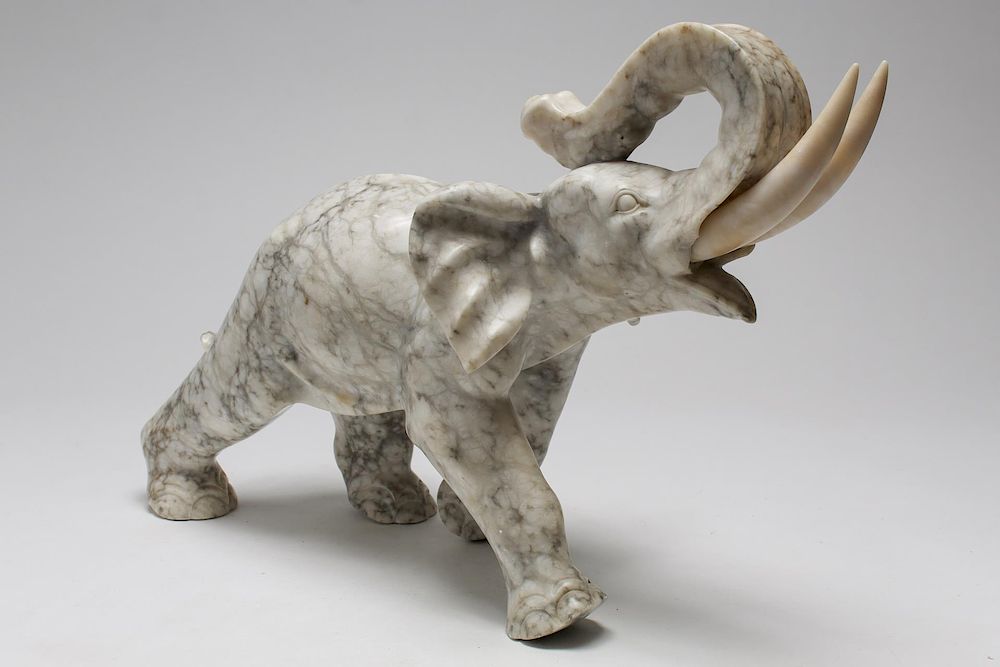 Appraisal: Elephant Figure Carved Marble w Alabaster Tusks Elephant sculpture carved