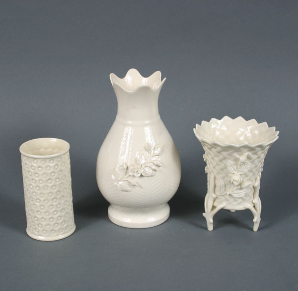 Appraisal: Three Irish porcelain items two Belleek vases one Donegal vase