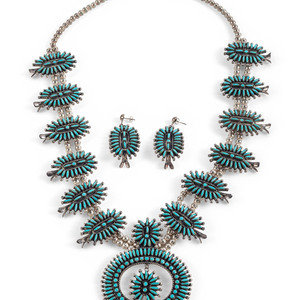 Appraisal: Zuni Petit Point Turquoise and Sterling Silver Squash Blossom Necklace