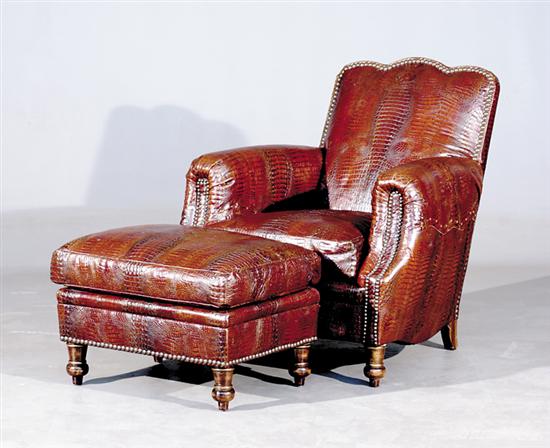 Appraisal: Leather chair and ottoman Wesley Hall Collection topnailed faux-alligator club