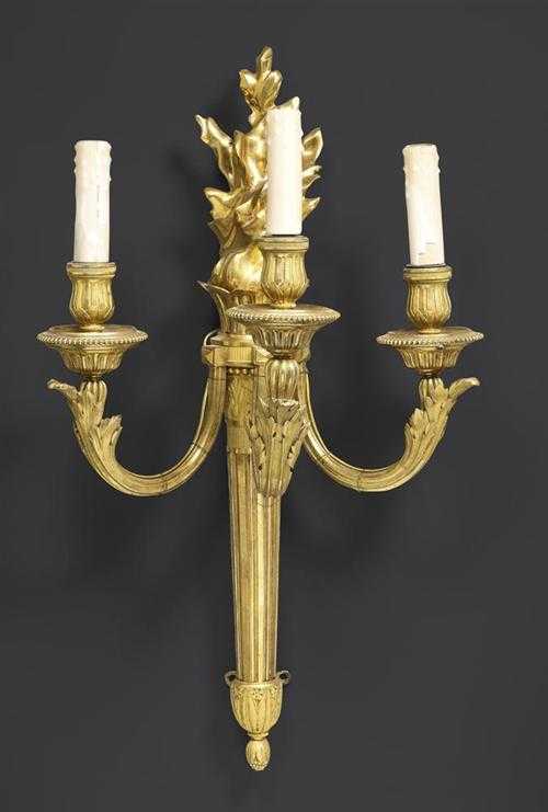 Appraisal: PAIR OF IMPORTANT GILT BRONZE APPLIQUES AUX FLAMMES Louis XVI