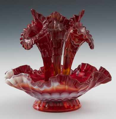 Appraisal: A Ruby Red White and Yellow Slag Glass Epergne The