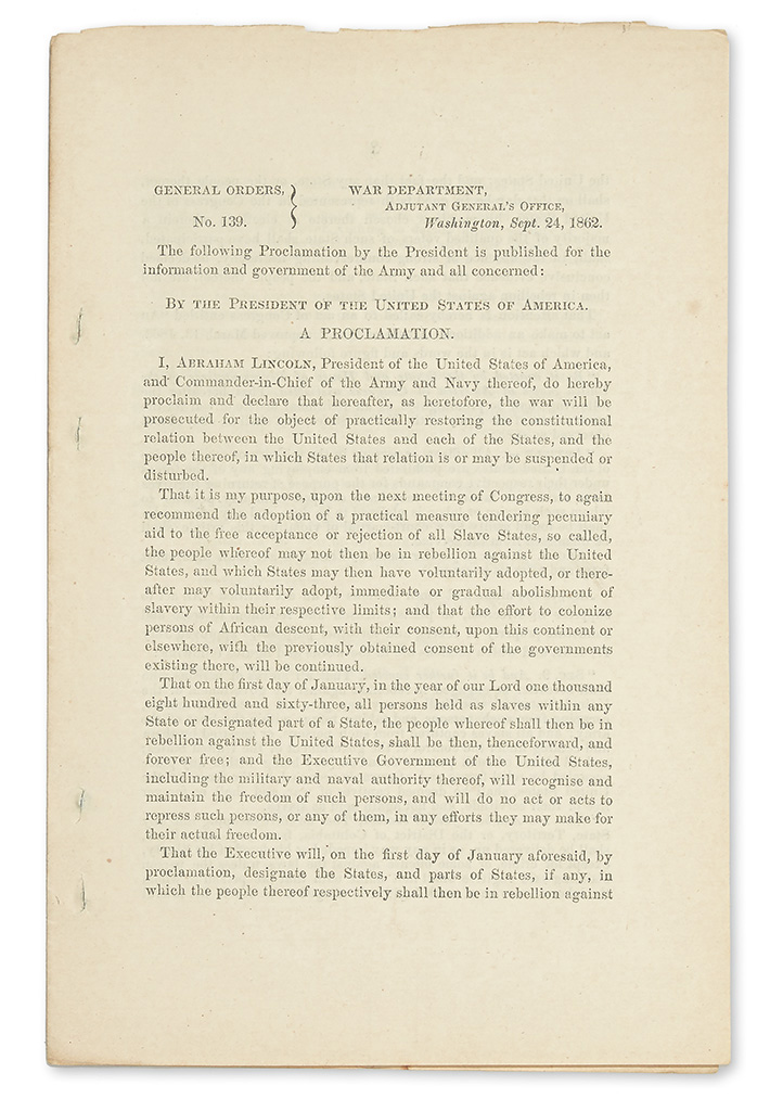 Appraisal: LINCOLN ABRAHAM The first widely disseminated printing of the Emancipation