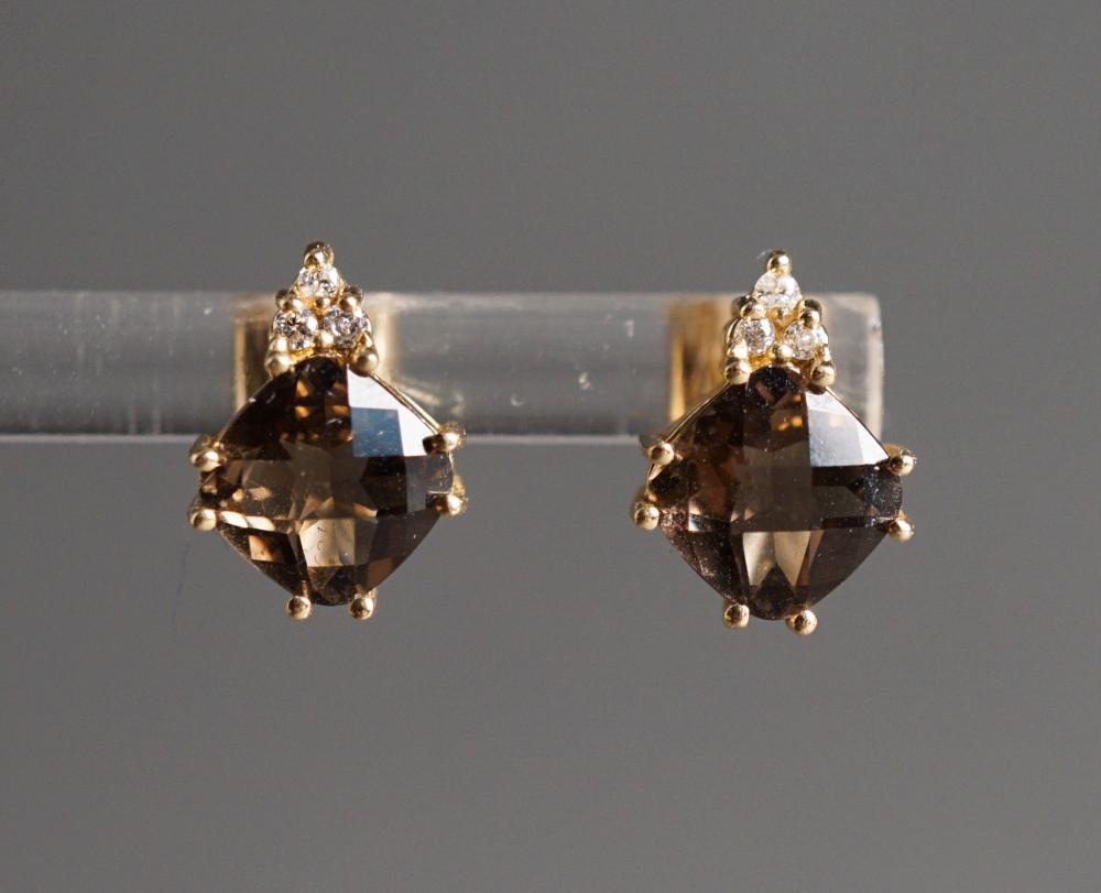 Appraisal: -KARAT YELLOW-GOLD SMOKEY QUARTZ AND DIAMOND PIERCED EARRINGS GROSS DWT