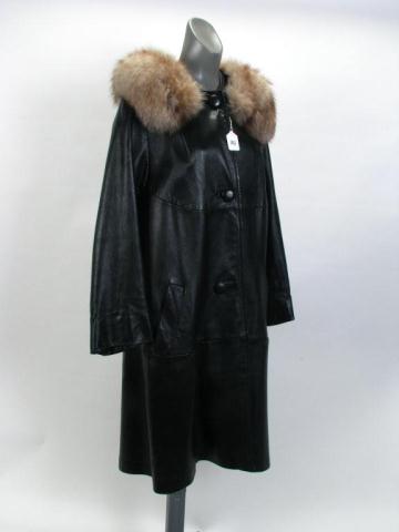 Appraisal: Vintage Black Leather and Fur Collar Lady's Coat button front